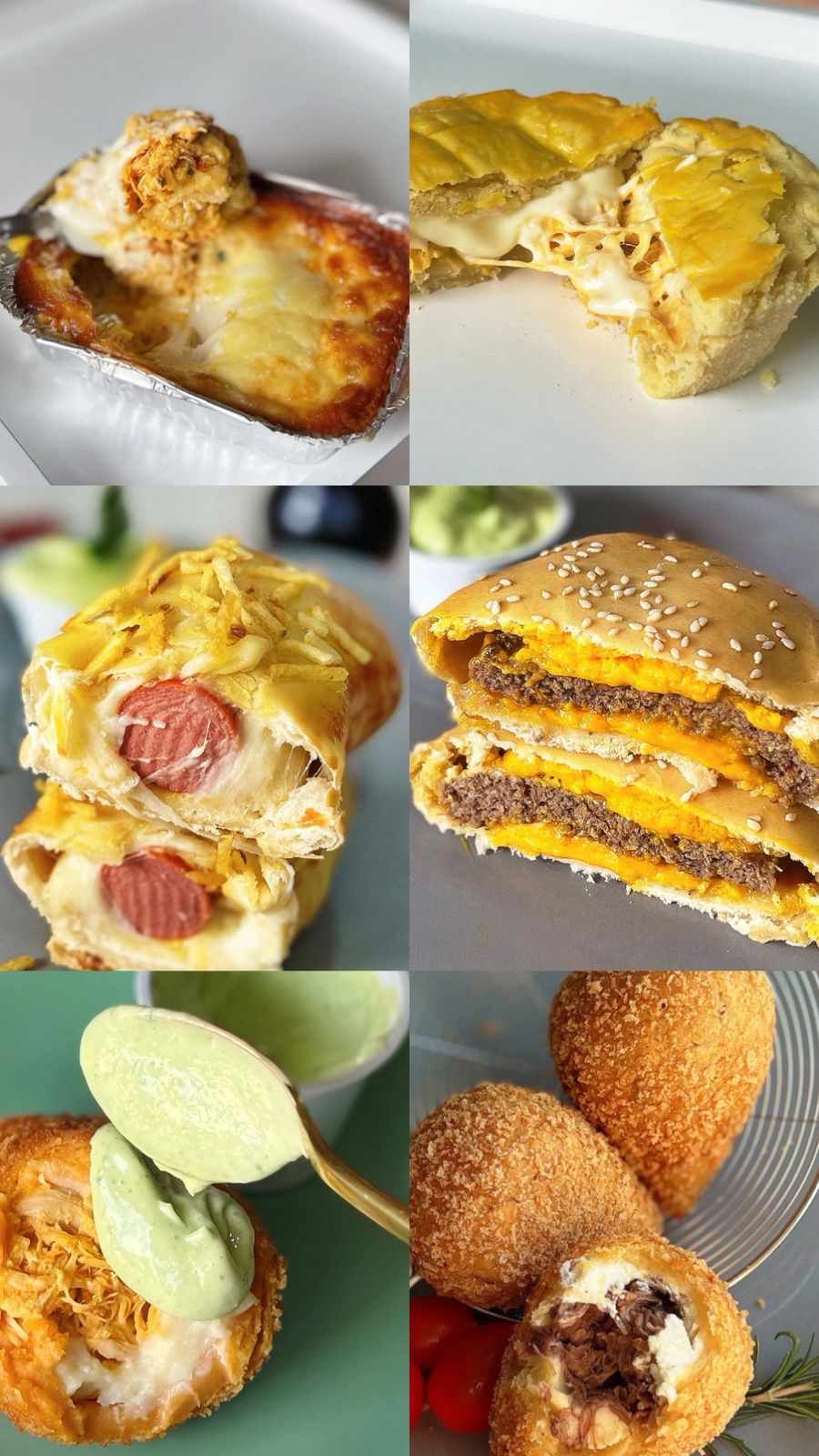 Variedade de salgados gourmet - lasanha, tortas, hambúrguer e coxinhas